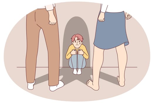 Terrified little boy child scared of aggressive violent parents. Upset crying small kid frightened of angry adults. Family fight and domestic violence. Vector illustration.