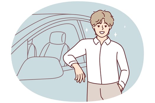 Smiling young man standing near new car in salon. Happy confident male buying automobile proud of purchase. Vector illustration.