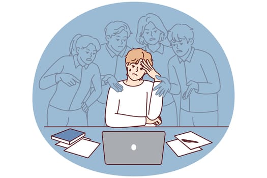 Stressed young man feel pressure by society opinion working on computer. Distressed male employee frustrated with annoying imaginary colleagues. Vector illustration.