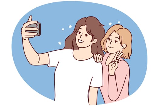 Smiling girls making selfie on smartphone together. Happy women have fun take self-portrait picture on modern cellphone camera. Vector illustration.