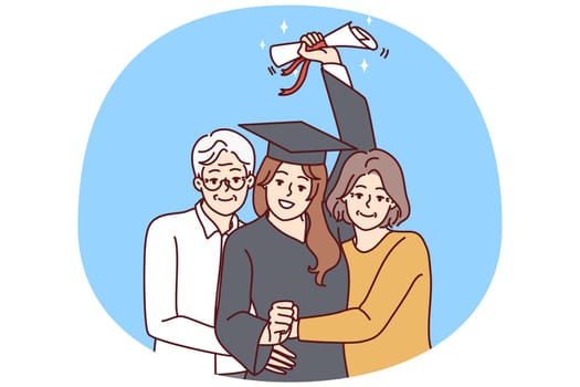 Happy elderly parents hug excited daughter in graduation mantle holding diploma. Smiling mature mom and dad embrace happy girl graduate from university. Vector illustration.