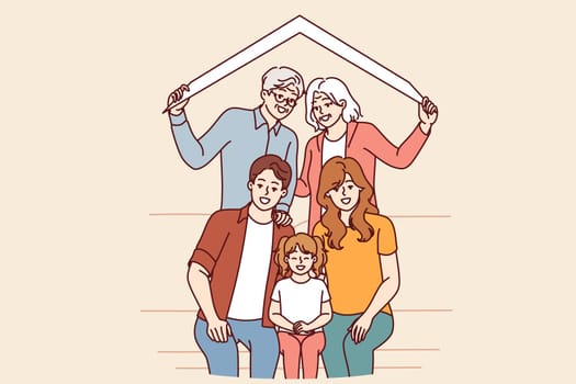 Large happy family of retired parents and millennial children with grandchildren under roof of house. Concept of relocating family from different generations to new house purchased with mortgage