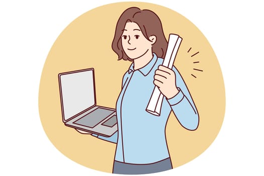 Smiling young woman holding diploma and laptop in hands graduate from university online. Happy female student excited with college graduation remotely. Vector illustration.