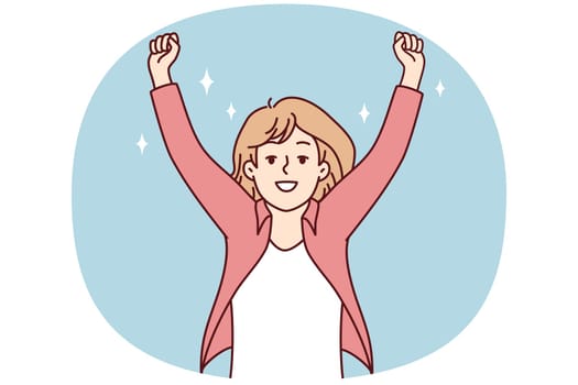 Smiling woman raise hands celebrate success or promotion. Happy female feel euphoric with win or victory. Vector illustration.