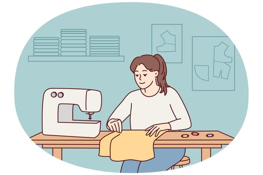 Female dressmaker or seamstress working on sewing machine in workshop. Smiling woman sewing sitting on table. Hobby and design. Vector illustration.