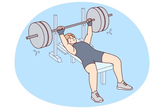 Male athlete in sportswear lift barbell in gym. Man powerlifter training preparing for competition. Sport and workout. Vector illustration.