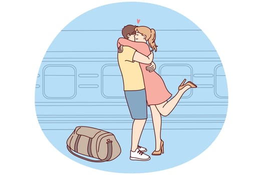 Happy couple hug meet at railway station. Smiling girl embrace guy welcome near train. Long distance relationship. Vector illustration.