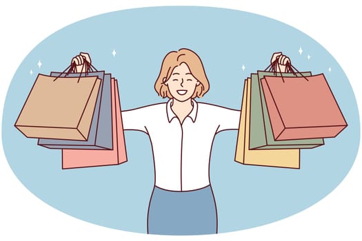 Happy young woman holding paper bags excited with shopping. Smiling female client or customer show purchases buying in mall. Consumerism. Vector illustration.