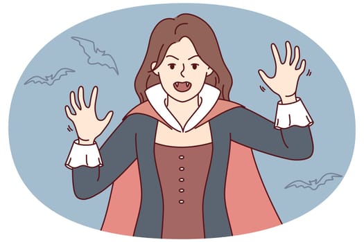Furious young woman in Dracula costume dressed for Halloween. Mad female in suit for carnival or masquerade. Vector illustration.