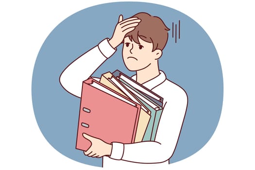 Stressed businessman holding folders feel overworked in office. Unhappy tired male employee overwhelmed with business tasks. Vector illustration.