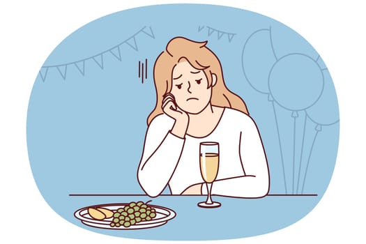 Bored young woman sit alone at party lack communication. Unhappy stressed girl feel lonely at celebration. Loneliness and solitude. Vector illustration.