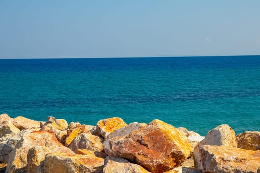 Milazzo, Messina, Sicily, Italy - 02 October 2023. Rocks on the coast of Tyrrhenian Sea.