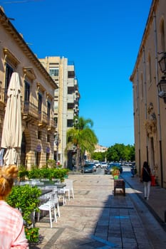 Milazzo, Sicily Italy - 03 October 2023. View at street Via Giacomo Medici in the centre of Milazzo.