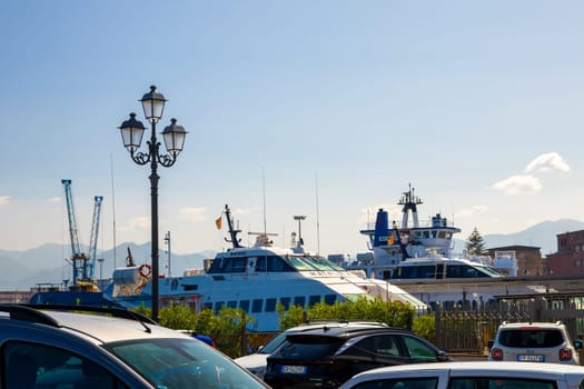 Milazzo, Sicily, Italy - 03 October 2023. Harbour of Milazzo. In the foreground the "Natalie M"" a Liberty Lines ship. (Speed of 35 knots, 232 passengers at once)"