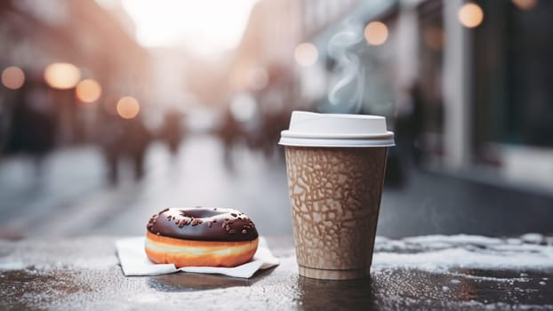 Hot coffee on the go in paper cup and donut on street table outdoors in the winter morning. Enjoying coffee while walking. Takeaway breakfast. Takeaway food
