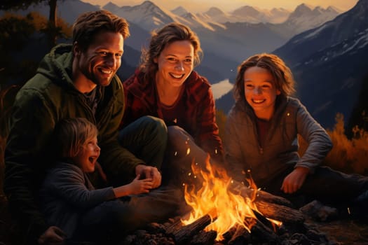 Family sitting around campfire in evening during mountain winter trip. Winter season. People having fun sitting at bonfire looking at mountain landscape. Enjoying fire in the evening. Weekend trip. Travel to the mountains. Natural destinations