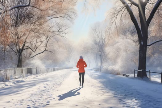 Young woman running outdoor during workout on winter day. Woman jogging in park. Active woman. Cardio training. Physical fitness. Cardio workout. Healthy lifestyle. Daily routine. Body exercises