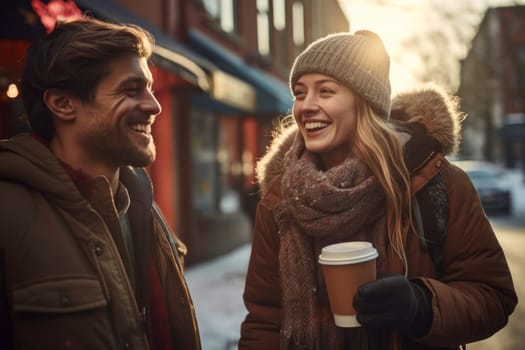 Friends having hot drinks on the go outdoors on winter day. Having fun, having conversation, talking together. Young couple is having a walk with hot drinks. Enjoying coffee on the go. People dressed warm standing in a street downtown