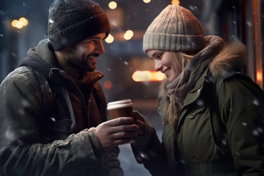 Positive couple having hot drinks on the go outdoors on winter day. Having fun, having conversation, talking together. Young people are having a walk with hot drinks. Enjoying coffee on the go. People dressed warm standing in a street downtown