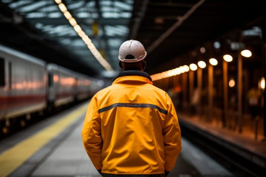 Back view of industrial engineer standing at train station. Transportation and logistics. AI generated