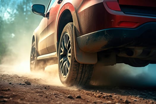 Close up of red car wheel on a gravel road. Traveling by auto, adventure in wildlife, expedition or extreme travel on automobile. AI generated