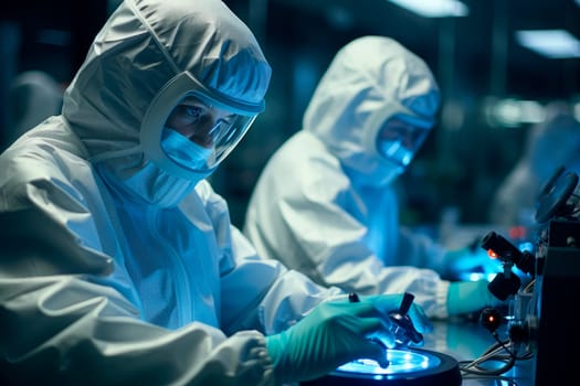 In a secure high level laboratory scientists in a coverall conducting a research. AI generated