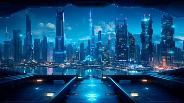 Night futuristic city skyline panorama. AI generated