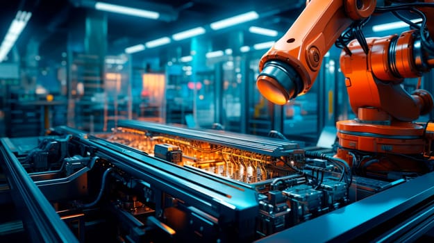 Mechanized industry and robotic arm for assembly in factory production. Concept of artificial intelligence for industrial revolution and automation manufacturing process. AI generated