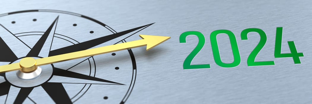 Compass needle pointing to the text Changes coming in 2024 - 3d render