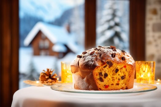 Panettone. Italian Culinary Tradition. Christmas sweet bread made with yeast, butter, eggs, and candied fruit. Served in a elegant restaurant in montain in winter with in the background, a window with the snowy winter landscape.