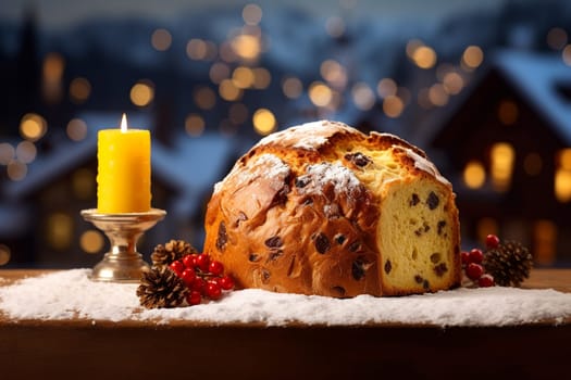 Panettone. Italian Culinary Tradition. Christmas sweet bread made with yeast, butter, eggs, and candied fruit. isolated on dark background.