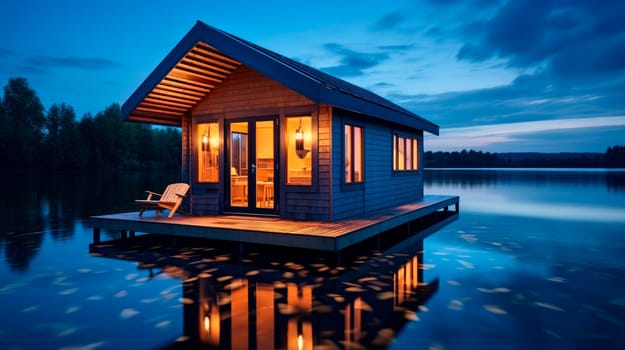 Wooden floating house with nice reflection on the lake water at night. AI generated