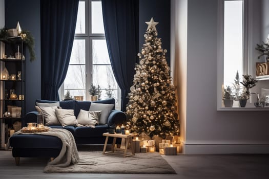 A spectacular Christmas tree and a sophisticated sofa embellish the contemporary living room. A fusion of elegance and festivity in interior decor