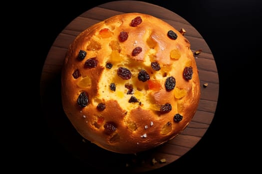 Panettone. Italian Culinary Tradition. Christmas sweet bread made with yeast, butter, eggs, and candied fruit. Top view image isolated on dark background. Flat lay.