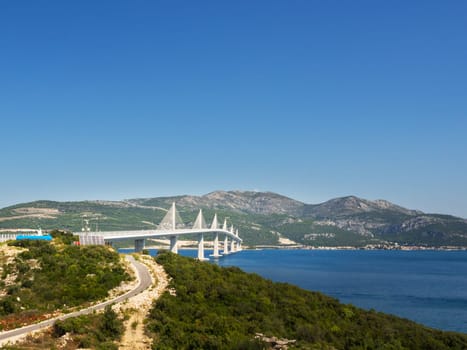 Peljesac Bridge, Croatia. Image of beautiful modern multi-span cable-stayed Peljesac Bridge over the sea in Dubrovnik-Neretva County
