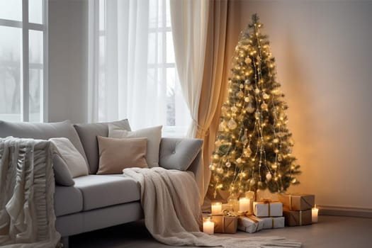 Bright room decorated for Christmas or New Year with a Christmas tree, a sofa with a soft, draped blanket, an illuminated window, and light curtains creating a warm festive atmosphere.
