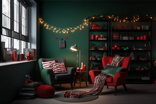 A modern-style room in green and red colors, decorated for Christmas. Holiday comfort, home concepts.