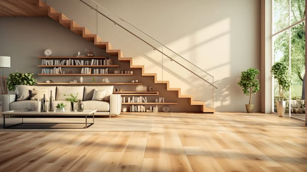 Modern interior design a staircase leads up from the floor of the room to the upper level of the house. Makes it look airy and modern. Allowing for natural light, the floors are covered with hardwood.