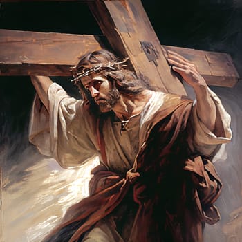 Jesus Christ carring the cross at the via dolorosa in Jerusalem, crucifixion and resurrection at Easter, christian belief and religion