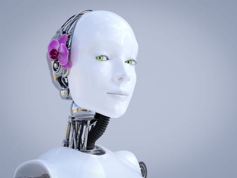 3D rendering portrait of a female robot with a beautiful orchid flower at the side of her head. Gray background with copyspace.