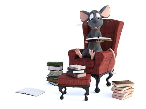 3D rendering of cute smiling cartoon mouse sitting in cosy armchair, holding a book that he's reading. Piles of books on the floor. White background with copyspace.