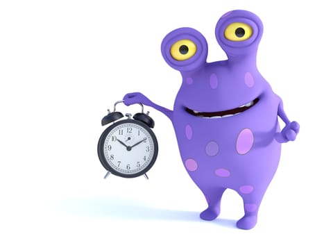 A cute charming cartoon monster holding a big old style alarm clock and looking very happy with a big smile. The monster is purple with big spots. White background with copyspace. Time concept.