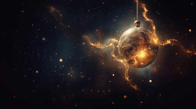 Luxury golden Christmas ball on glowing bokeh background. Generative AI design