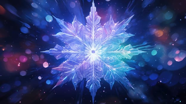 Big frozen crystal snowflake blue purple background. Generative AI design