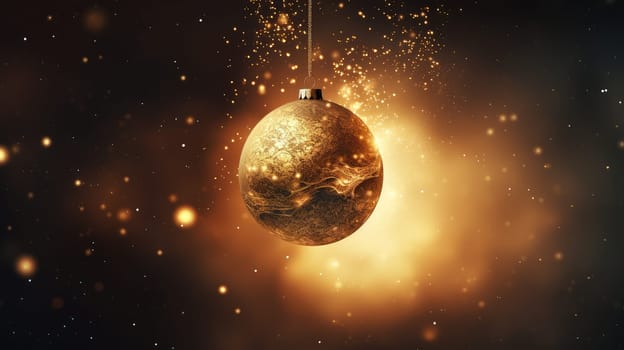 Luxury golden Christmas ball on glowing bokeh background. Generative AI design