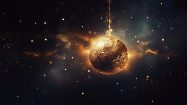 Luxury golden Christmas ball on glowing bokeh background. Generative AI design