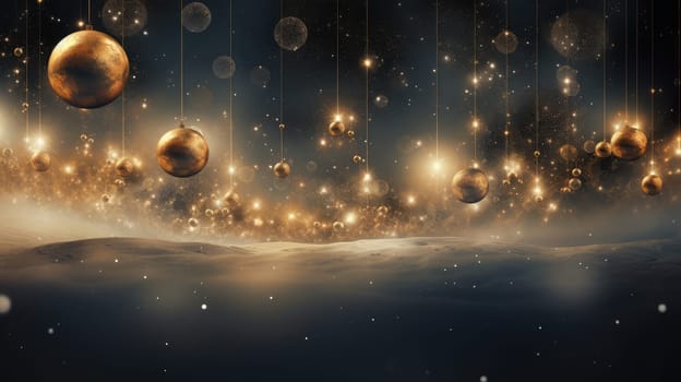 Luxury golden Christmas balls on celestial nebula background. Generative AI design