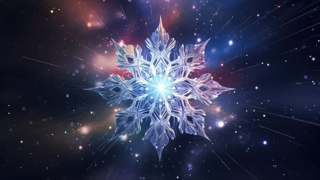 Big frozen crystal snowflake blue purple background. Generative AI design