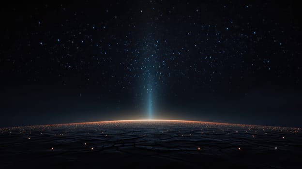 Glowing particles on topographic earth background. Generative AI design