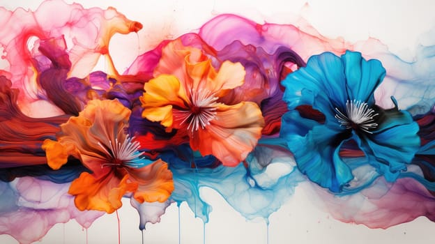 Colorful ink paint liquid flowers abstract background. Generative AI design